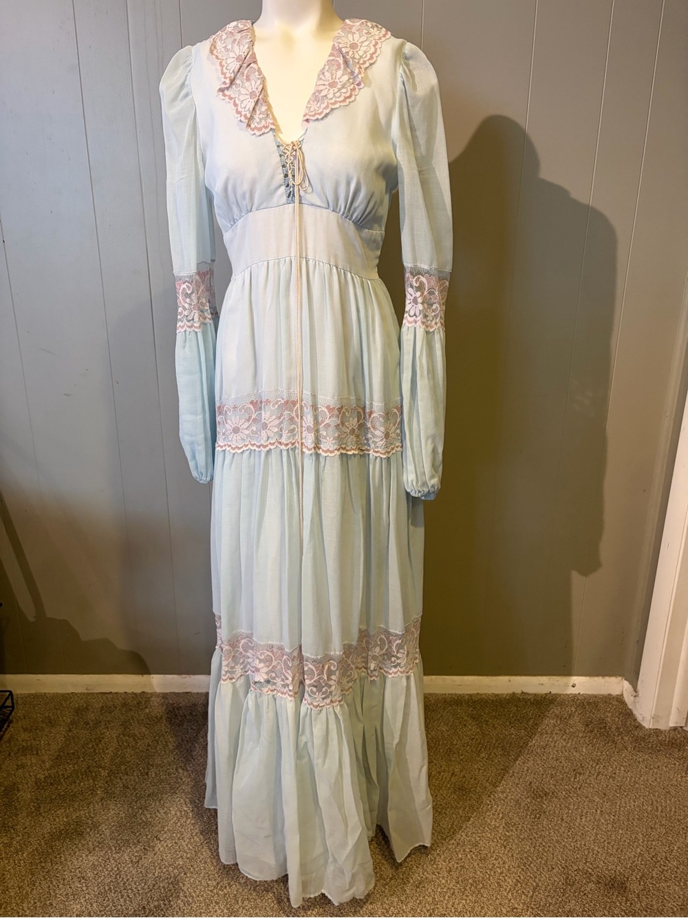 Gunne Sax Vintage Pale Blue Maxi Dress with Pink Lace Trim